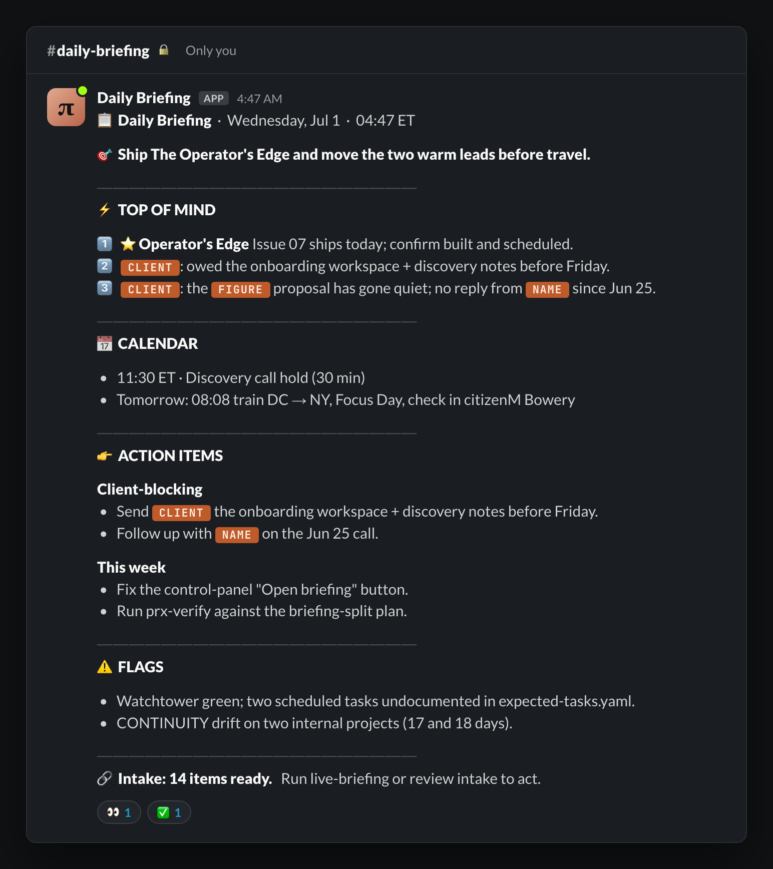 The one-line Slack note the briefing posts when it finishes, telling you the page is ready.